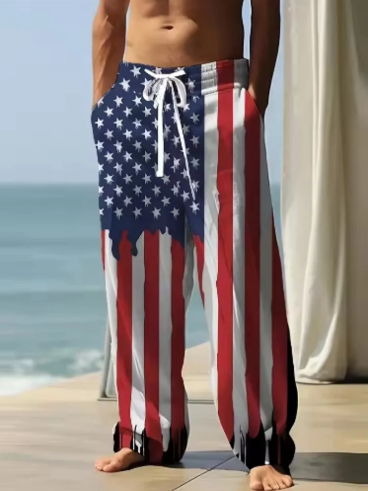 Men's Beach Pants Us flag Flower 3D Print Drawstring Casual Summer Vacation Loose Breathable Hawaiian Trousers Men Clothing
