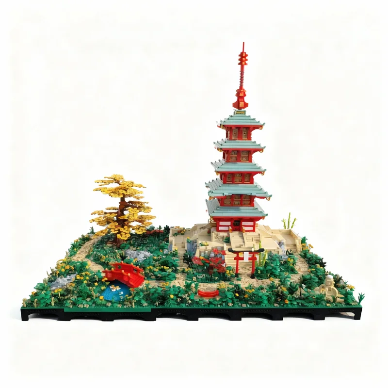 15632ピース MOC アジア風ジオラマ パゴダ橋 樹木 モジュール式街並みモデル 組み立てブロック 建築 クリスマスギフト おもちゃ