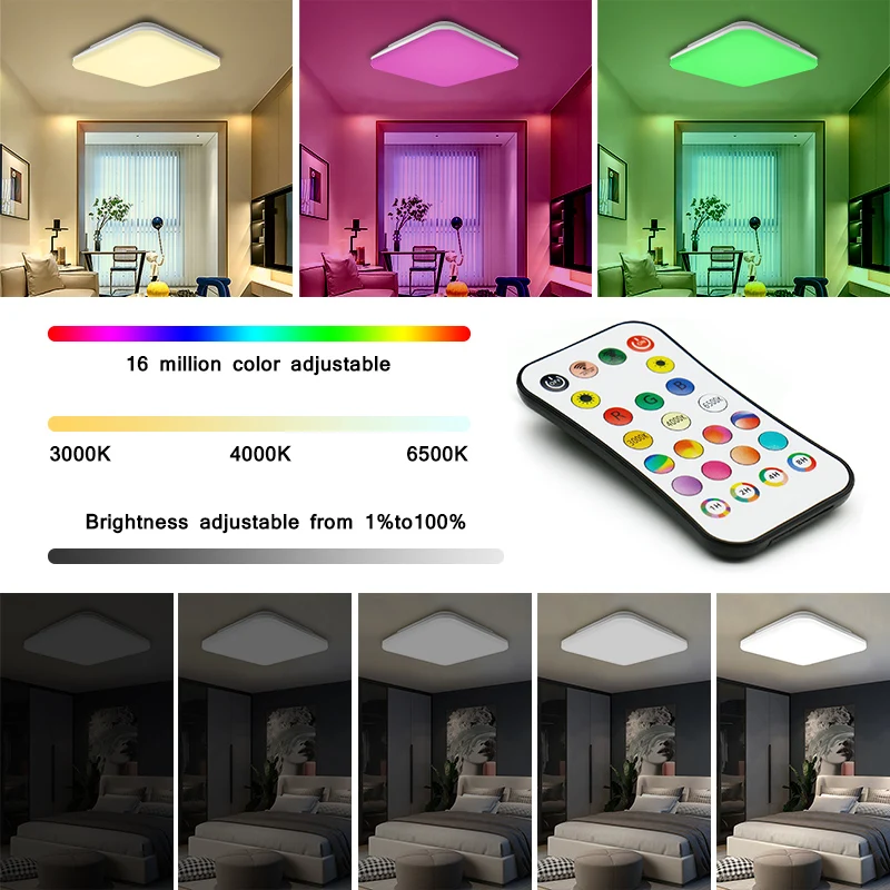 Square Smart RGBCW Ceiling Light 24W Full Light Color Temperature AC110V220V RF Remote Control 16Million Colors for Family Party