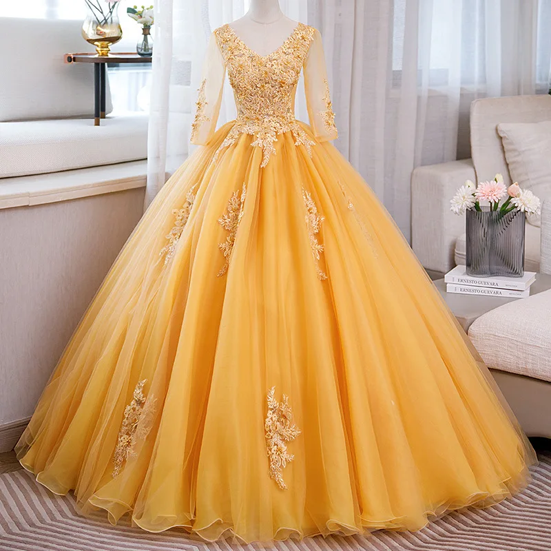 Yellow Quinceanera Dresses With 3/4 Long Sleeve Lace Appliqued Beaded Vestido De 15 Anos Birthday Party Prom Dresses Ball Gowns
