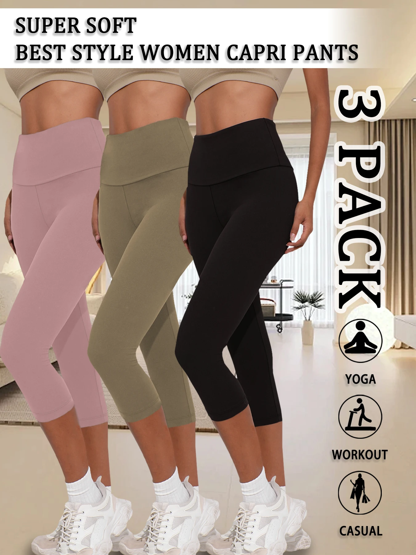 

3 Pack Women's High Waisted Capri Super Soft Tummy Control No See Through Workout Yoga Running Athletic Push Up Gym Leggings