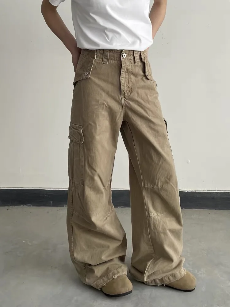 

American Waed Vintage Men's Work Pants Wide Large kets Casual Straight Leg Polyester Fiber mid Waist Zipper Fly Summer