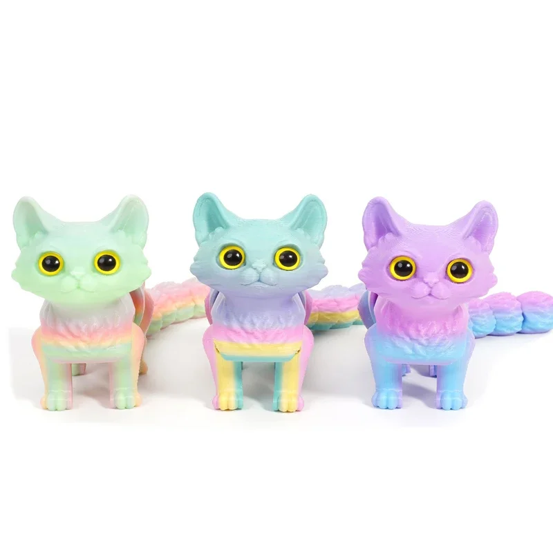 3D Printed Cat Ornaments Realistic Tail Joint Movable Cute Cat Model Home Desktop Ornament Figure Toy for Adults Kids Gift