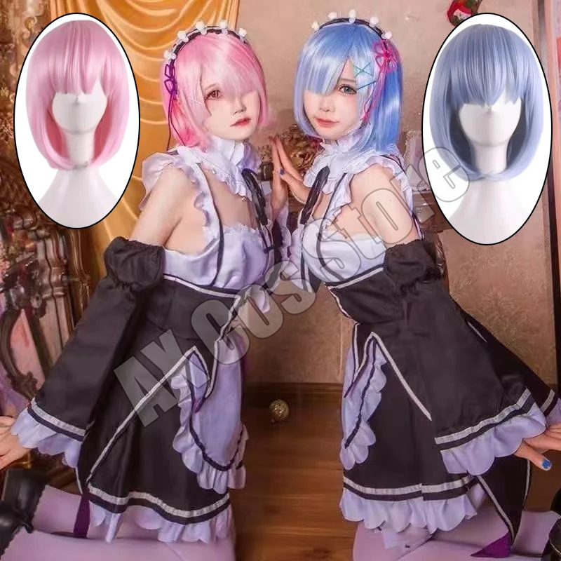 Disfraz de Cosplay de Anime Re:zero Kara Hajimeru Isekai Seikatsu, Traje de Ram y Rem, Disfraz de Sirvienta de Rem, Peluca, Delantal, Disfraces de Halloween para Mujer