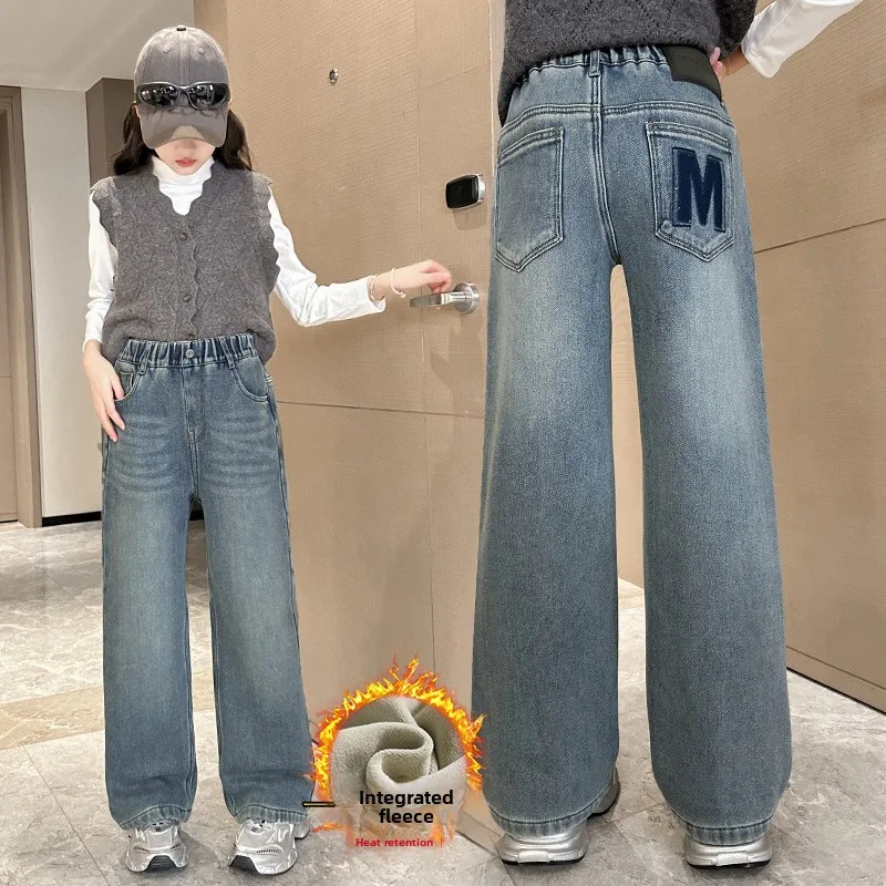 Thiened Fce 裏地付きデニムパンツ 女の子用 秋冬 Sle クラシック ファッション ロング ワイドレッグ ジーンズ 中学生用...