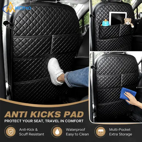 Waterproof Leather Car Seat Back Pad, Anti-Scratch Rear Anti-Kick Cover, Multi-Pocket Storage Protector for Kids Toy Tablet