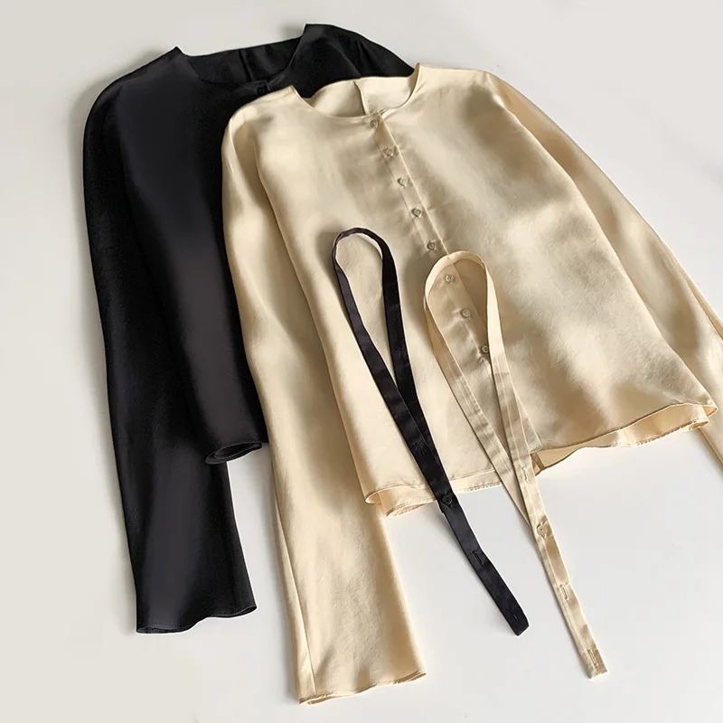 Withered Spinning Silk Top With French Elegant Design And A Single Breasted Lace Up Shirt Blouses Women's Clothes Shirts Tops