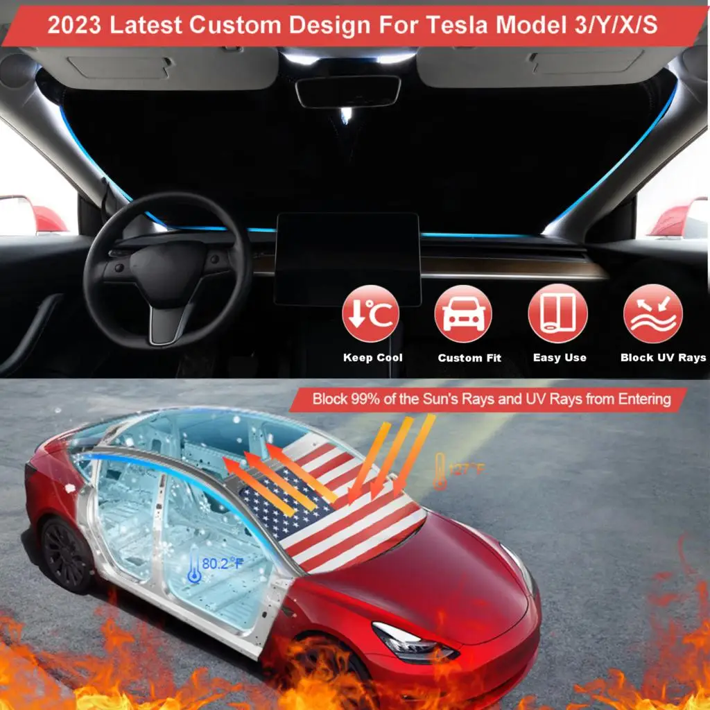 For Tesla Model Y 3 X S USA Flag Car Windshield Sunscreen Window Cover Visor Sun Shade Blocks UV Ray Protection Parasol Coche