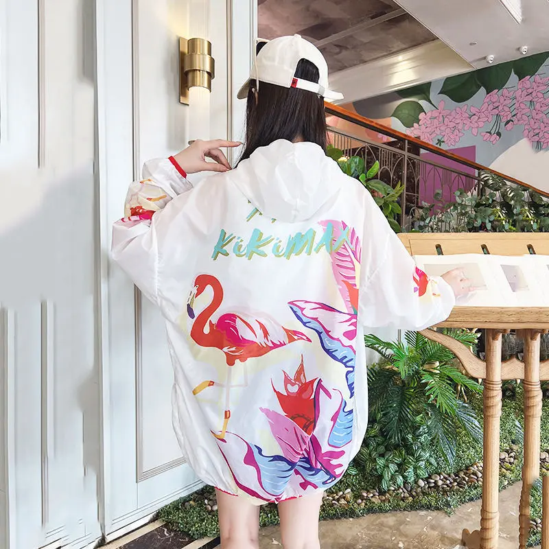 Cartoon Prints Sweet Summer Women Jacket Sweatshirt Sun Protection Clothing Long Sleeve Zipper Loose Quick Dry Outdoor Outerwear