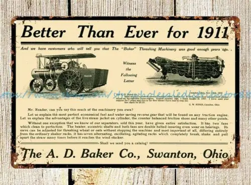 1911 A D Baker Swanton Ohio Traction Engine & Threshing Machine metal tin sign