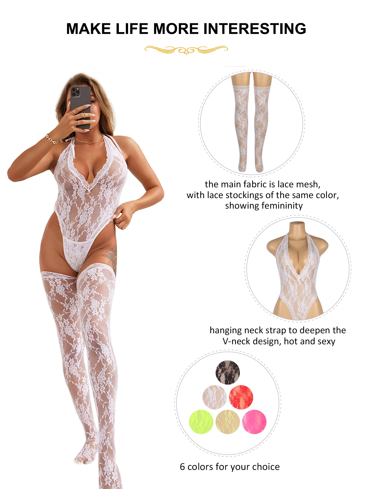 Comeondear Women\'s Sexy Jumpsuits with Stocking Lace Oversized Deep-V Multicolor See Through Underwear Erotic Lingerie Bodysuits