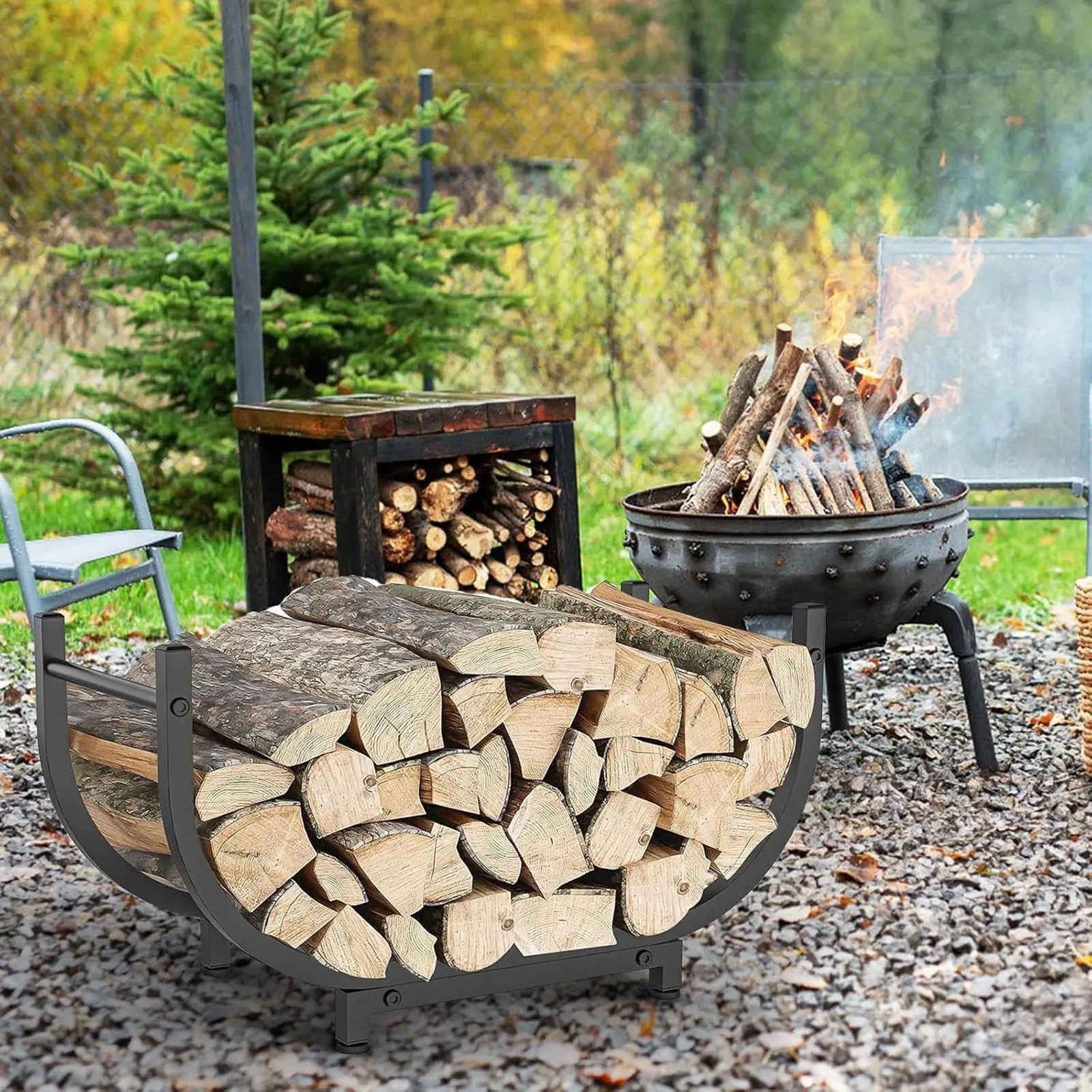 Firewood Log Rack Black Metal Log Holder Lightweight Wood Stacker Organizer for Home Backyard
