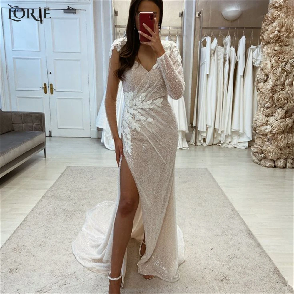 

LORIE Glitter Lace Mermaid Wedding Dresses Luxury Sexy High Side Slit Shiny Bridal Gowns Appliques Pleats V-Neck Bride Dress