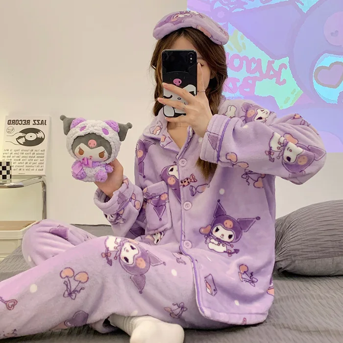 2 uds Anime Kuromi Melody Hello Kitty 2 uds conjunto de pijamas para mujer niñas forro polar Coral grueso cálido moda Kawaii ropa de casa para estudiantes