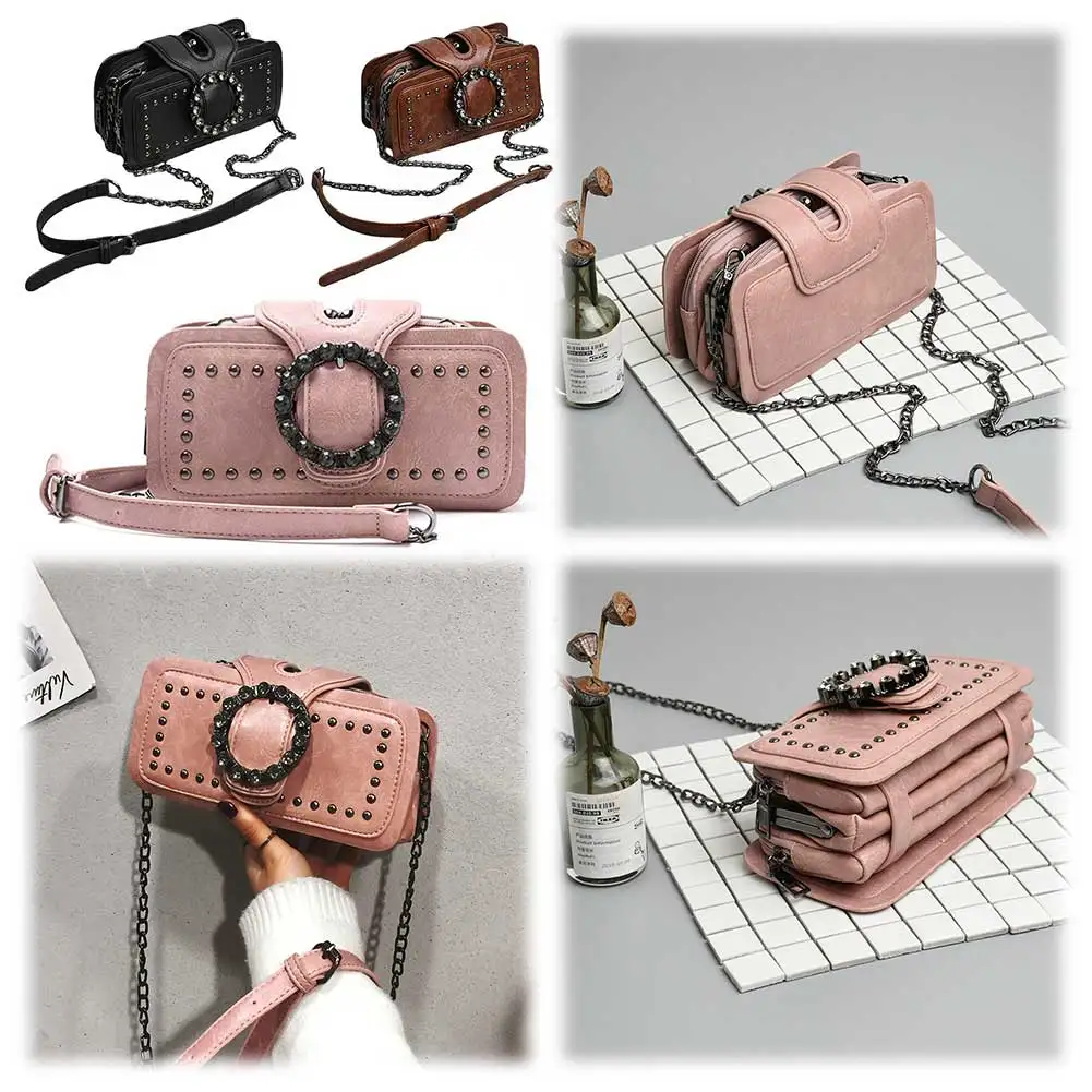 

Women Vintage Crossbody Bag PU Leather Chain Satchel Bag All-Match Rhinestone Punk Bag Female Daily Bag