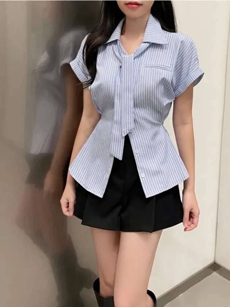 

Slimming Knot irt Women's Summer Sle Retro Collar Single Button Chic High-End Feeling Top Korean Version Slim Fit
