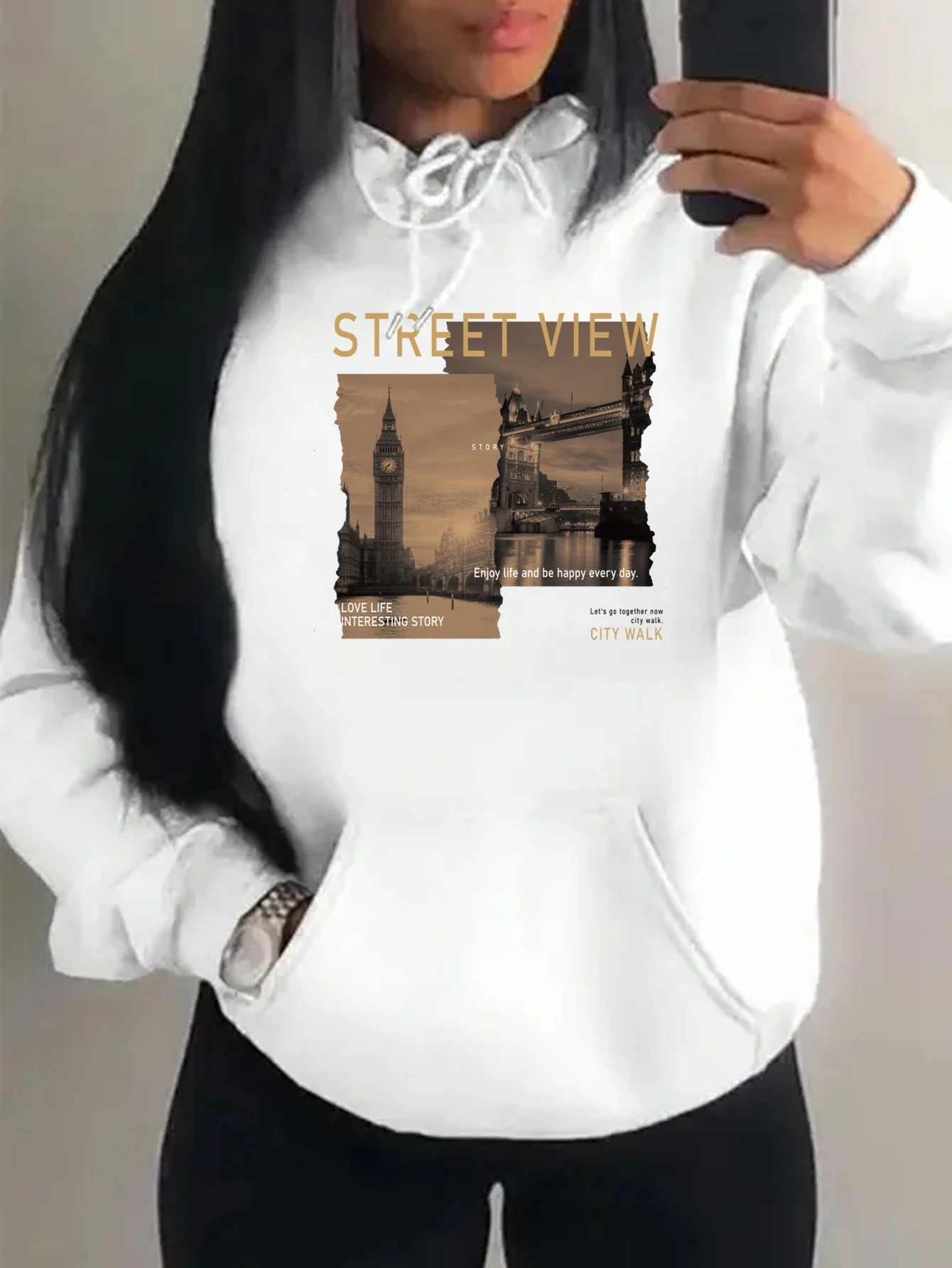 Street View Of London Design Women Clothing Fashion Pocket Hoodies Casual Loose Unisex Pullovers Harajuku Pocket Womenwear