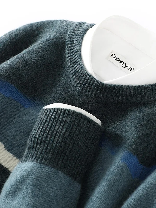 

Новый осенне-зимний мужской свитер с круглым вырезом из 100% чистой шерсти, вязаный, в стиле колор-блок, повседневный, деловой, базовая кофта