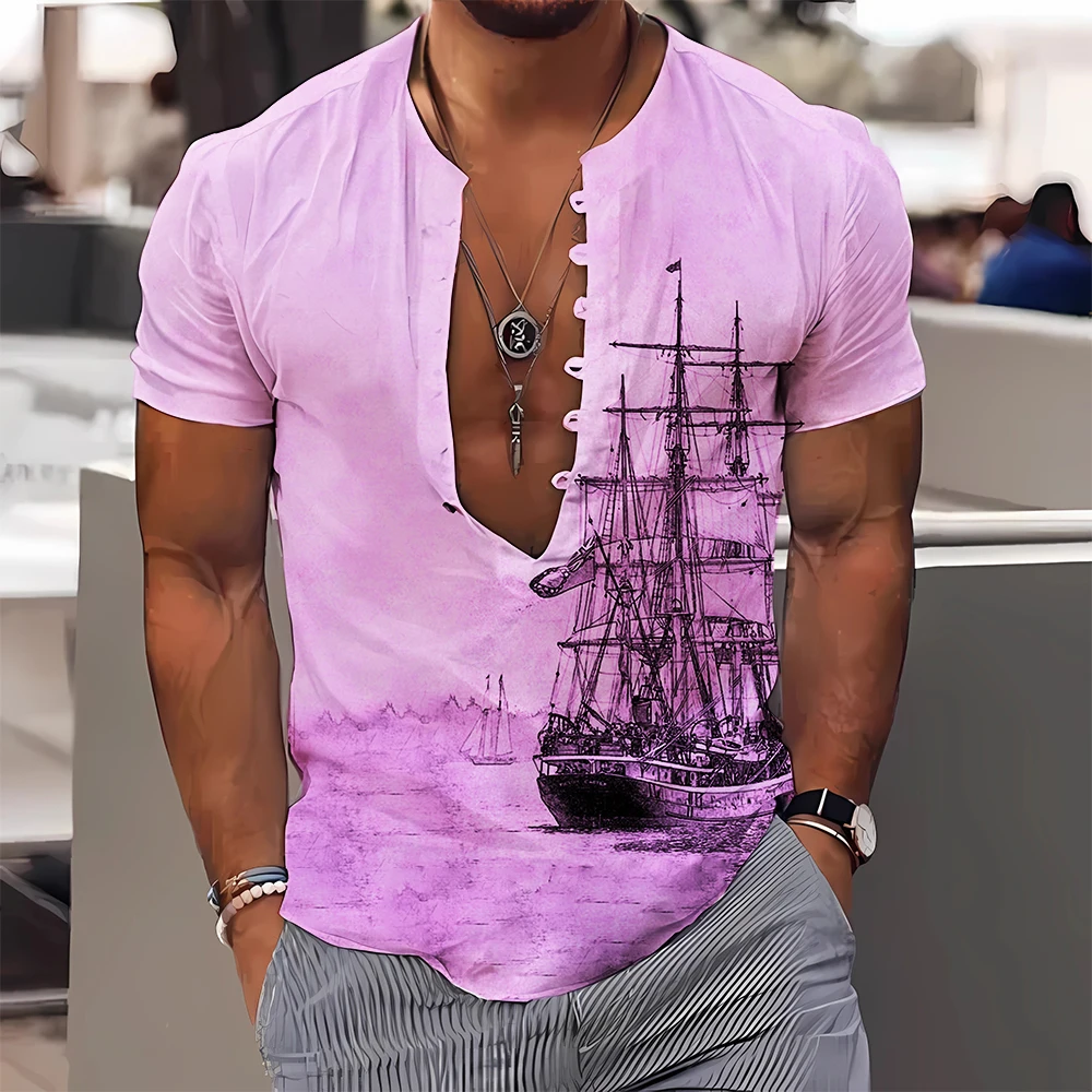 2023 Short Sleeve Men\'S Shirt 3d Fashion Print Oversized Summer Casual Stand Up Collar Shirt Streetwear Men\'S Clothing Tops 3XL