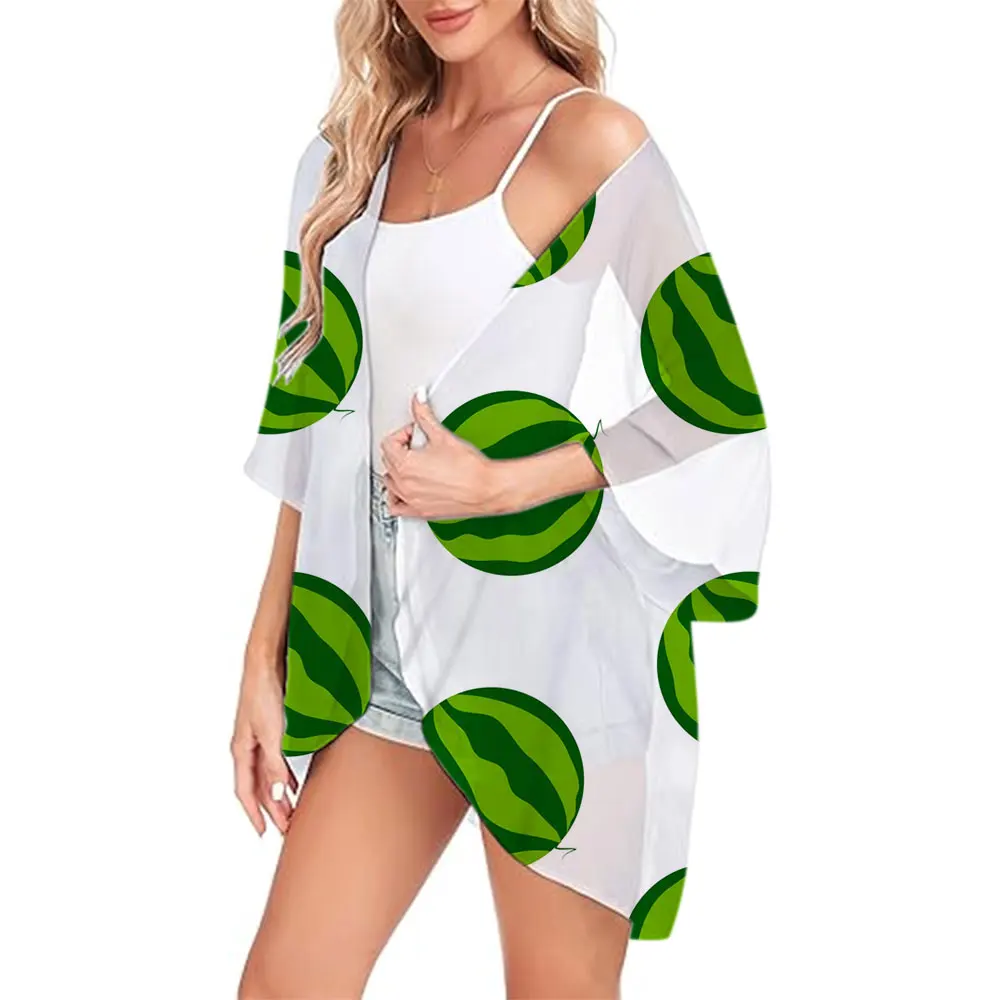 Women's Holiday Beach Fruit Puff Sleeve Kimono Cardigan Lightweight Loose Cover Up Casual Blouse Top Summer Swimwear Bikini Coat