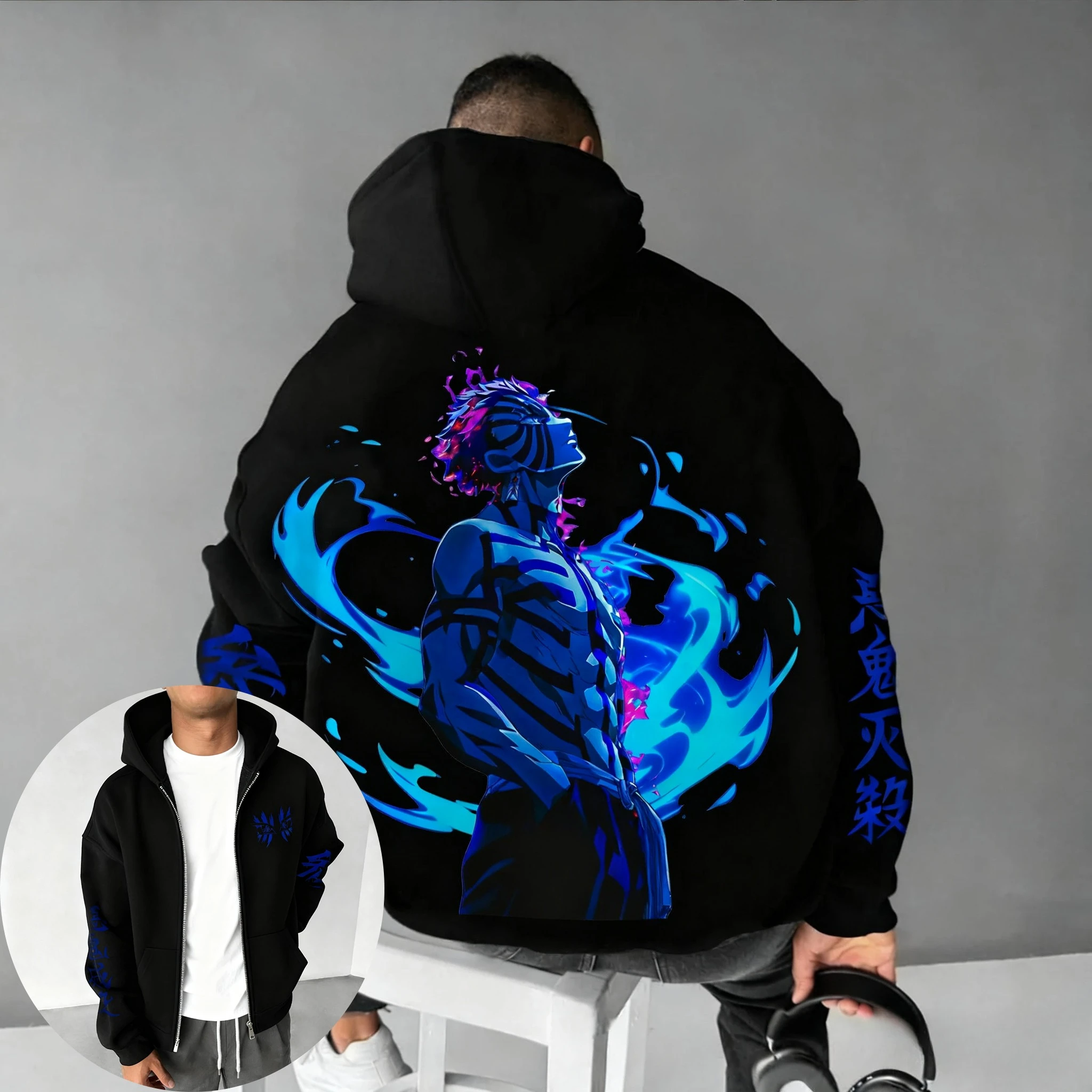 Demon Slayer Anime Akaza impreso cremallera Sudadera con capucha 2025 Otoño/Invierno nuevo estilo Harajuku grande moda suelta Casual suéter Top