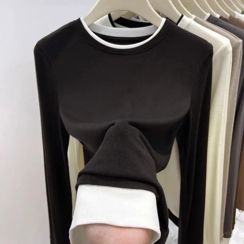 

Spring Autumn Long Sleeve Contrast Patchwork Simplicity Casual Top Loose All-match Fashion T Shirts Harajuku Trend Women Clothes