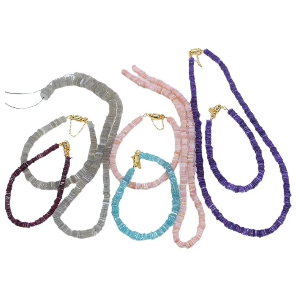 Set amethyst apatite pink opal sunstone roundelle necklace bracelet nature wholesale bead  FPPJ