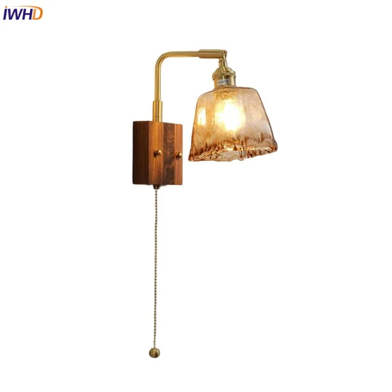 

IWHD Pull Chain Switch LED Wall Lamps Sconce Cafe Restaurant Bedroom Walnut Wood Amber Glass Modern Luxury Bathroom Mirror Light