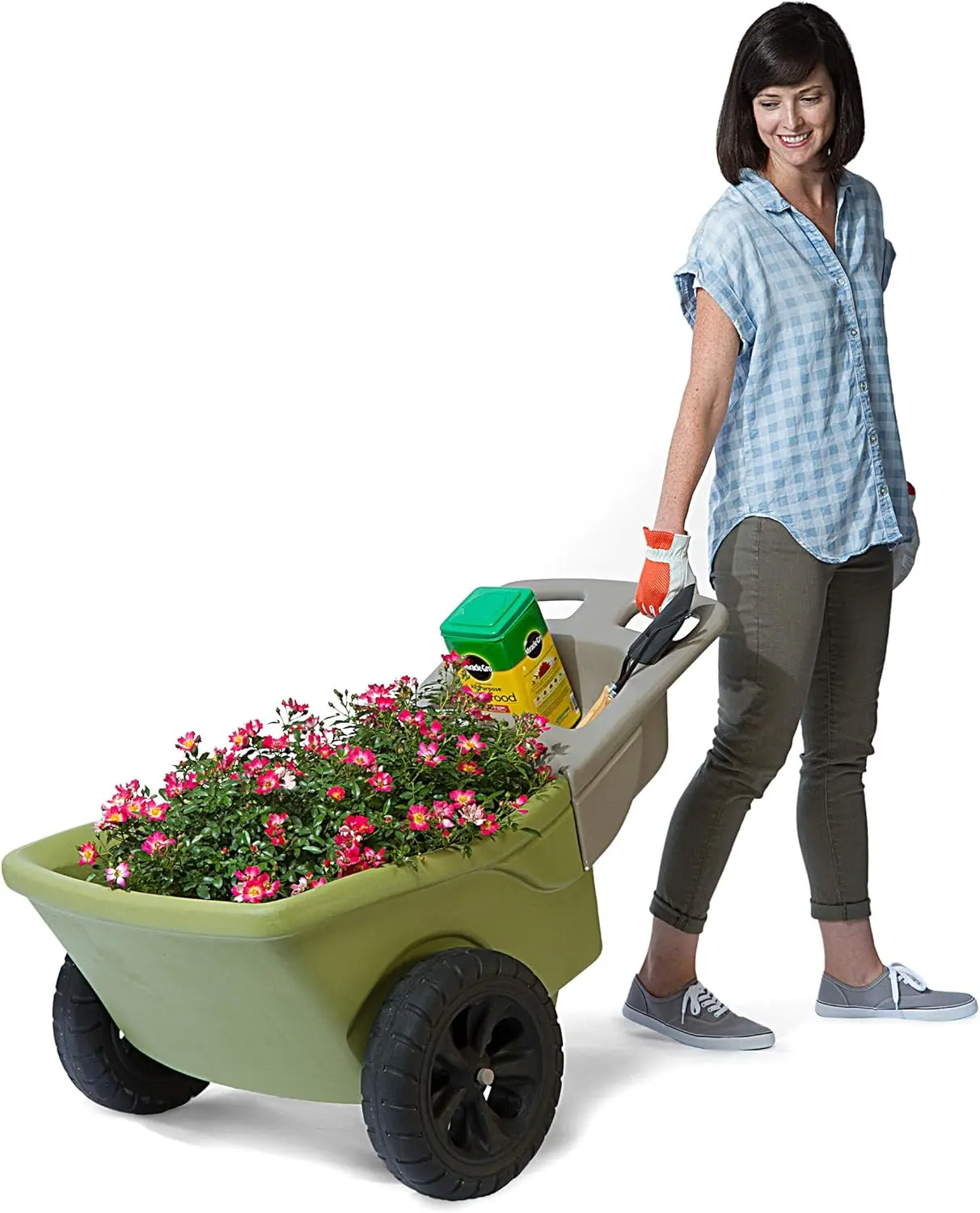 Easy Haul Wheelbarrow with Garden Tool Storage Tray Durable Heavy-Duty Plastic Wheelbarrow with Large Easy Turn Wheels