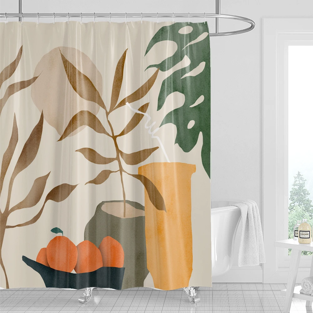 Bathroom Abstract Bohemian Leaves Shower Curtain Medieval Minimalist Art Print Polyester Fabric Shower Curtain with 12 Hooks