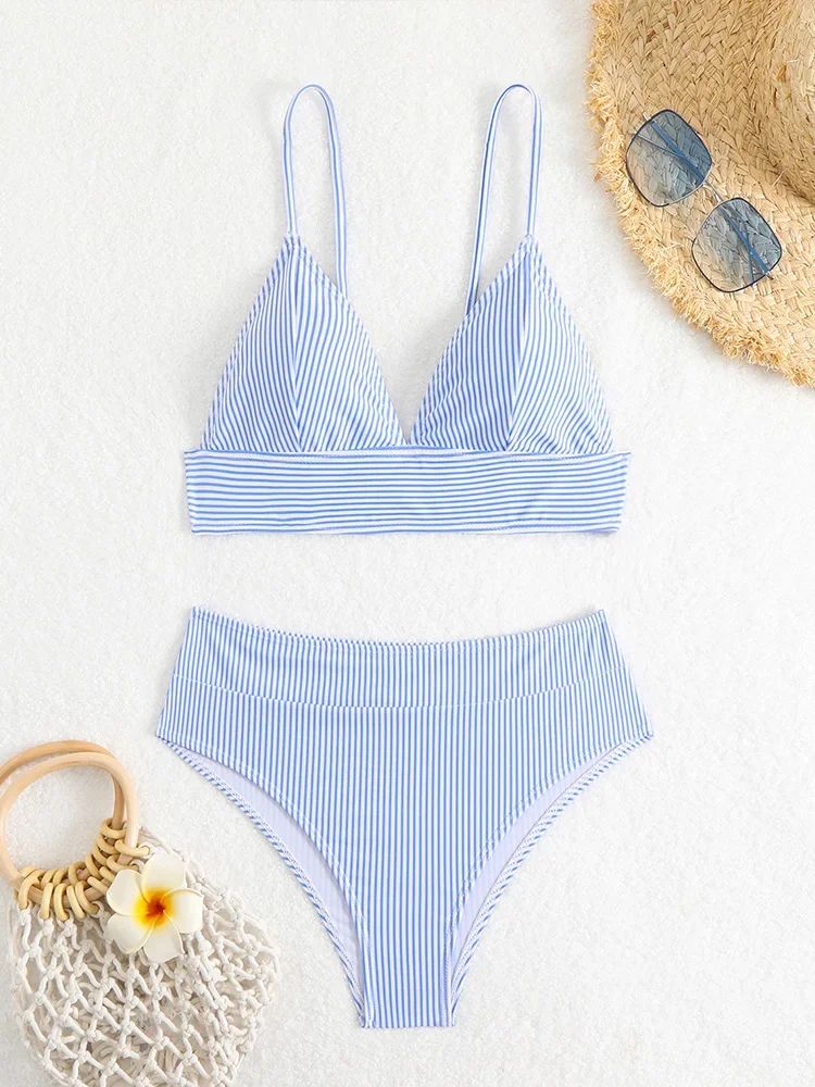 

UETEEY Sexy Spaghetti Strap Stripe Bikini 2 Piece Set Women Split Swimsuit Beach Bikinis 2025 New Summer Swimwear Bikinis Set