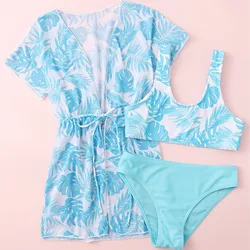 Girls 3pack Heart Print Cross Wrap High Waist Bikini Kids Swimsuit&Kimono 7-12 Years Children's Swimwear 2024 Teens Bathing Suit