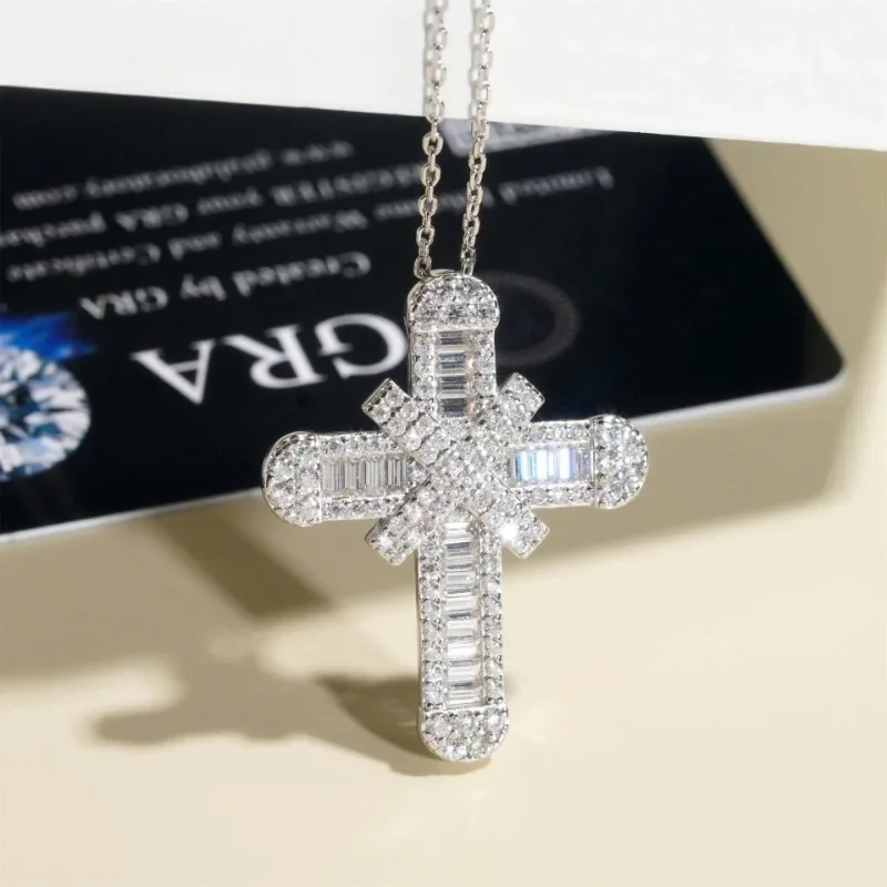 925 Silver Baguette Cut Moissanite Cross Necklace Hiphop Jewelry White Gold Plated Iced Diamond Pendant Necklace Pass Tester