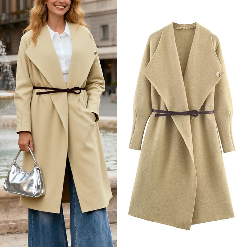 

Women's Long Coat 2025 New Fashion Autumn Winter Belt Handmade Blend Coat for Women Casual Chic Ladies Clothes