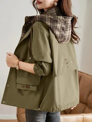2025 New Korean Fashion Short Hooded Windbreaker Female Long-Sleeved Loose Casual Outwear Coats Women Autumn Trench Coat Woman