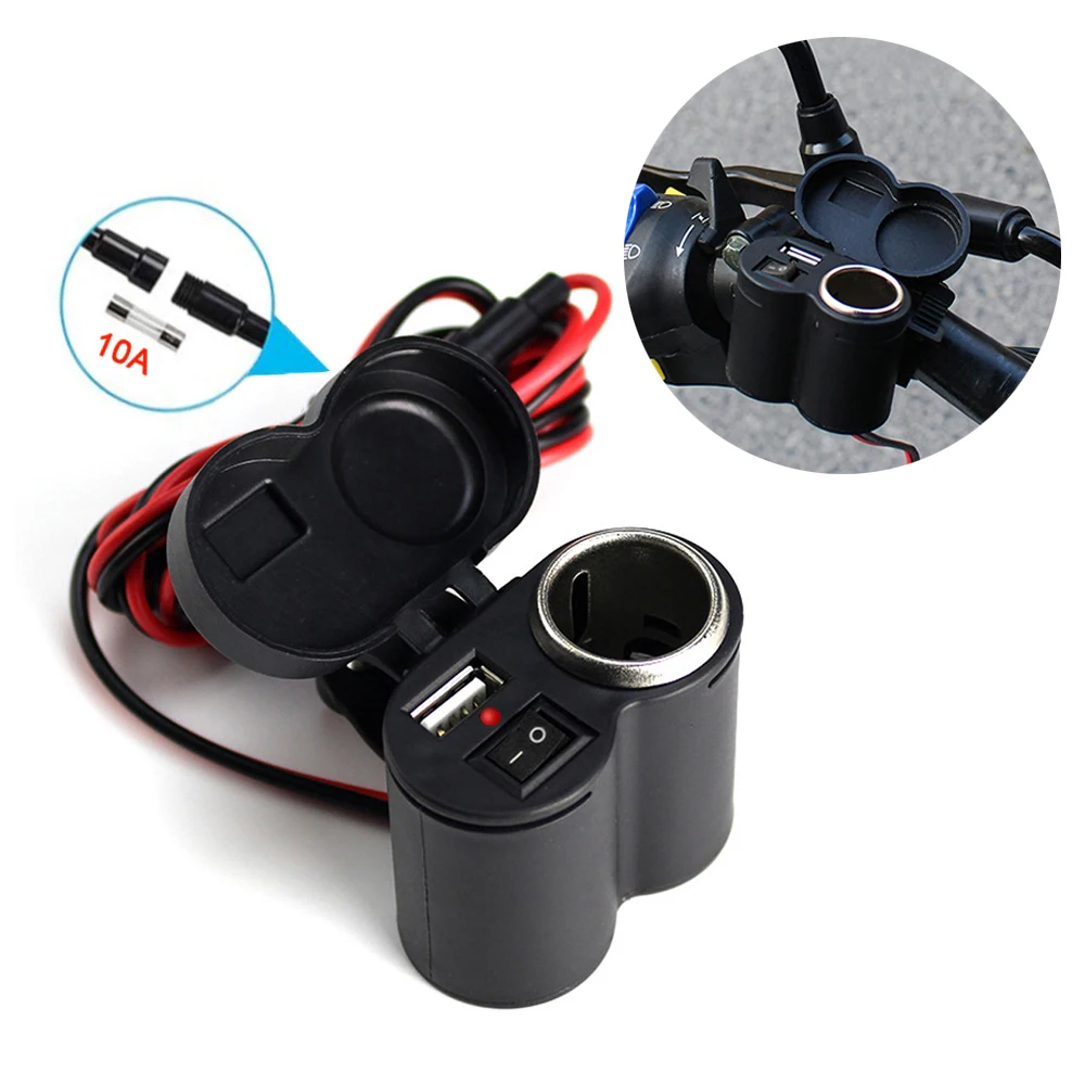 

12V Motorcycle Handlebar USB Charger Socket 2A Waterproof with Switch Cigarette Lighter Power Adapter For Phone GPS Navigation