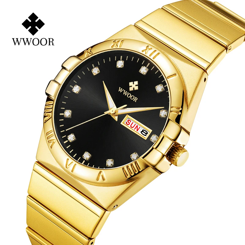 

WWOOR Fashion Gold Mens Watches Top Brand Luxury Watch Men Stainless Steel Waterproof Date Quartz Wrist Watch Relogio Masculino