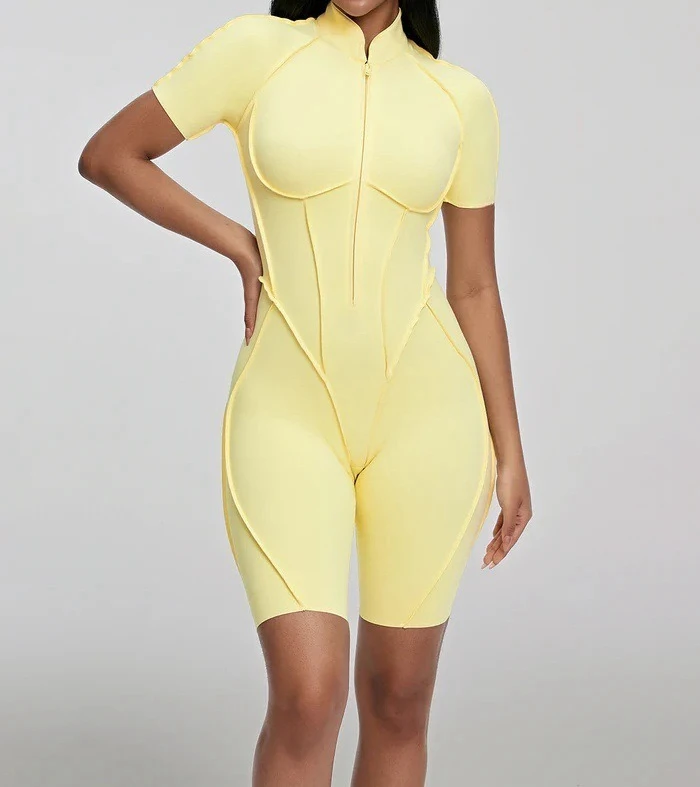 

Бесшовные комбинезоны для йоги, спортивные шорты для фитнеса на молнии с короткими рукавами и открытой спиной для танцев, тренировок в тренажерном зале, боди для женщин