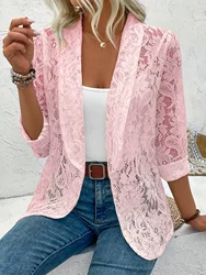 2024 New Lace Shirt Spring Summer Womens Versatile Solid Color Jacket Coats Long Sleeve Simple Hollow Design Fashion Versatile