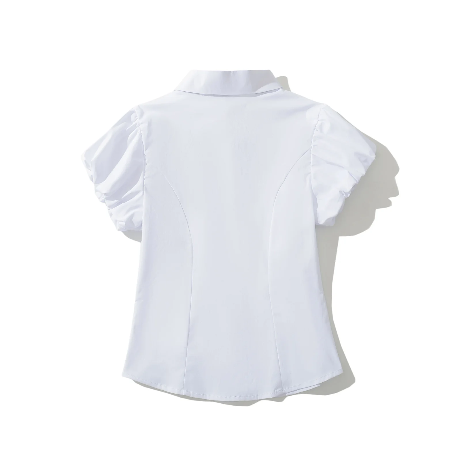 2024 Sexy White Ruched Slim Waist Short Puff Sleeve Shirt Women Lapel Front Open Buttons  Crop Tops Blouses