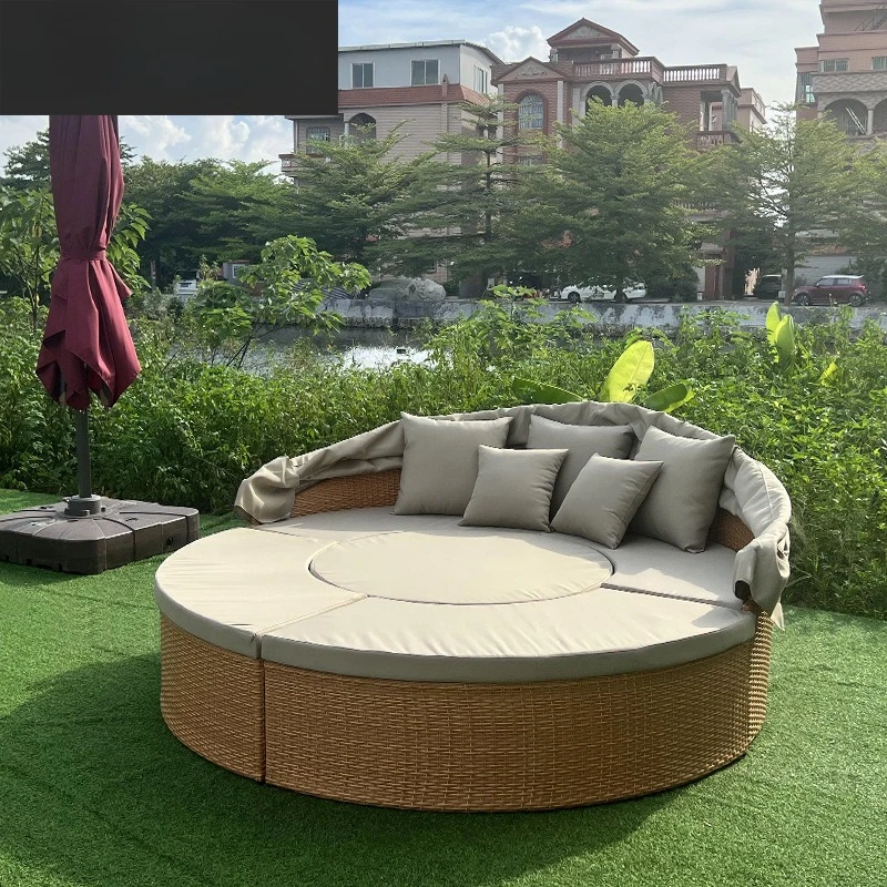 

Круглая кровать для отдыха на открытом воздухе, диван, открытый бассейн, приморская кровать из ротанга ручной работы, водонепроницаемая и солнцезащитная мебель