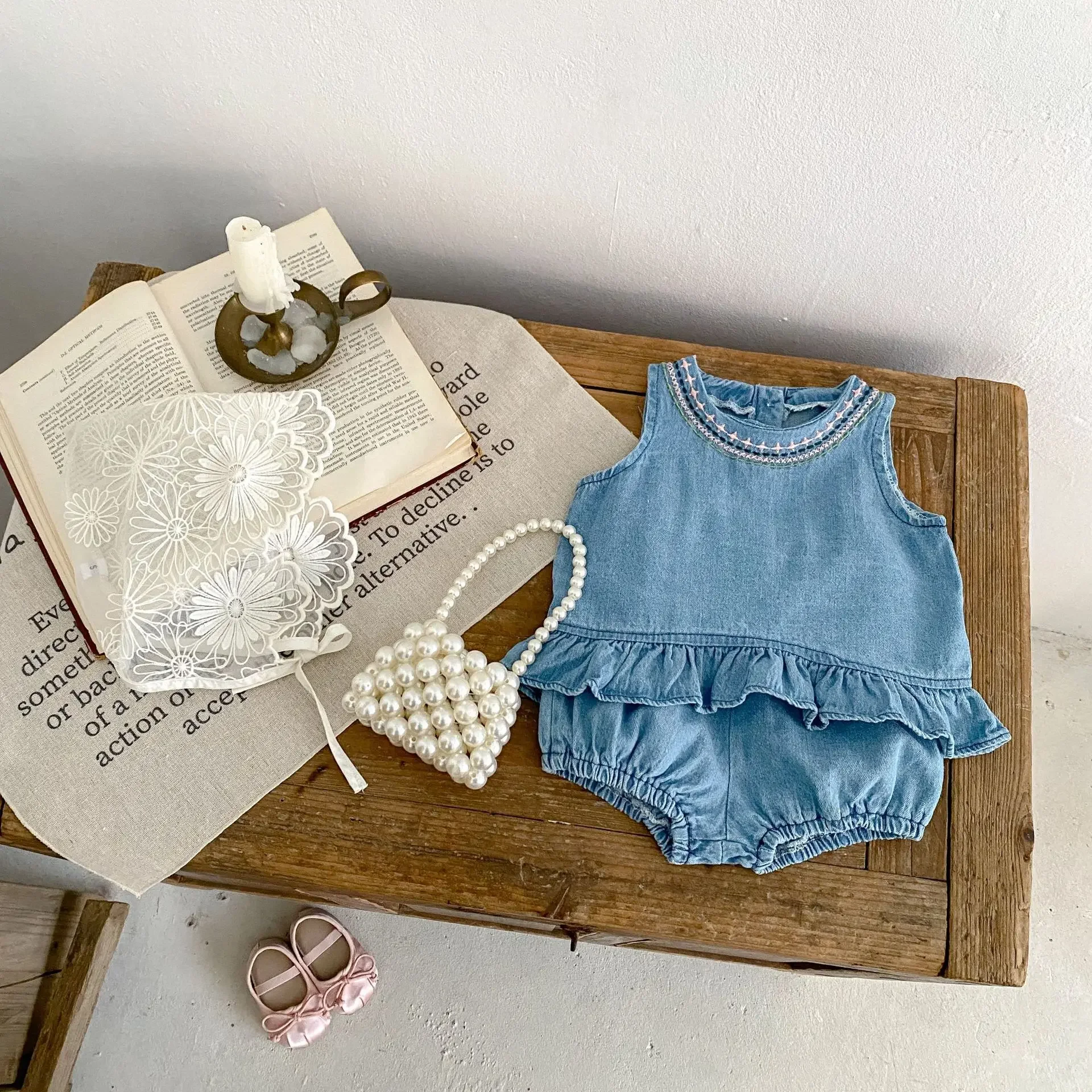 2pcs Summer 0-3Y Baby Girl Denim Clothing Set Kids Infant Sleeveless Embroidered Tops Bloomer Shorts Outfits