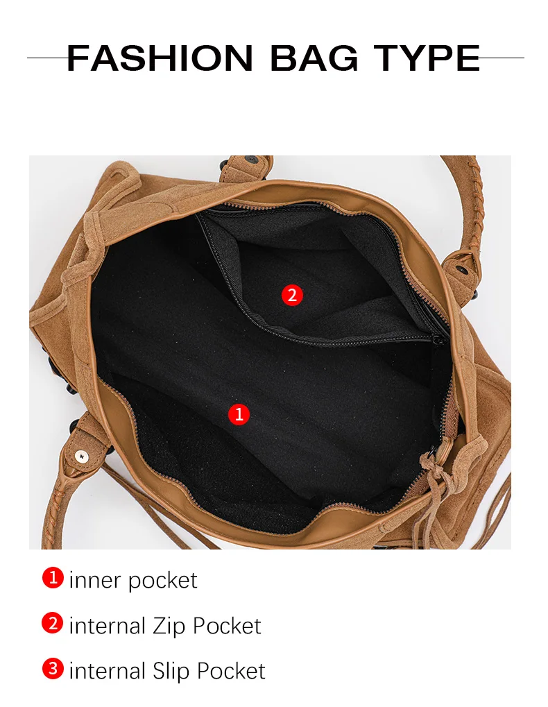 Aidrani Echtes Leder Amerikanische Retro-Wildleder-Handtasche für Damen, Große Motorradtasche, Hochwertige Pendler-Handtasche – Detail 6