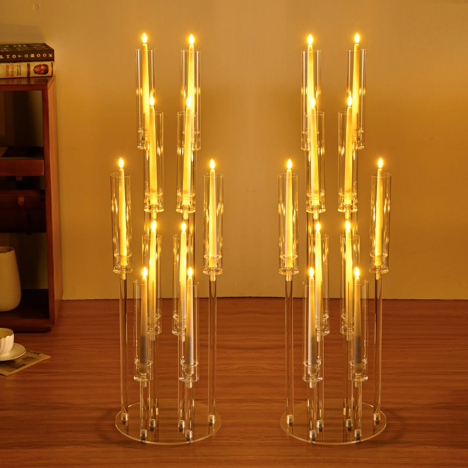 37.7Inches Tall Floor Candlesticks Holder for Wedding 10 Arm Acrylic Candelabra Centerpieces with Lampshade for Tables(Clear,2Pc