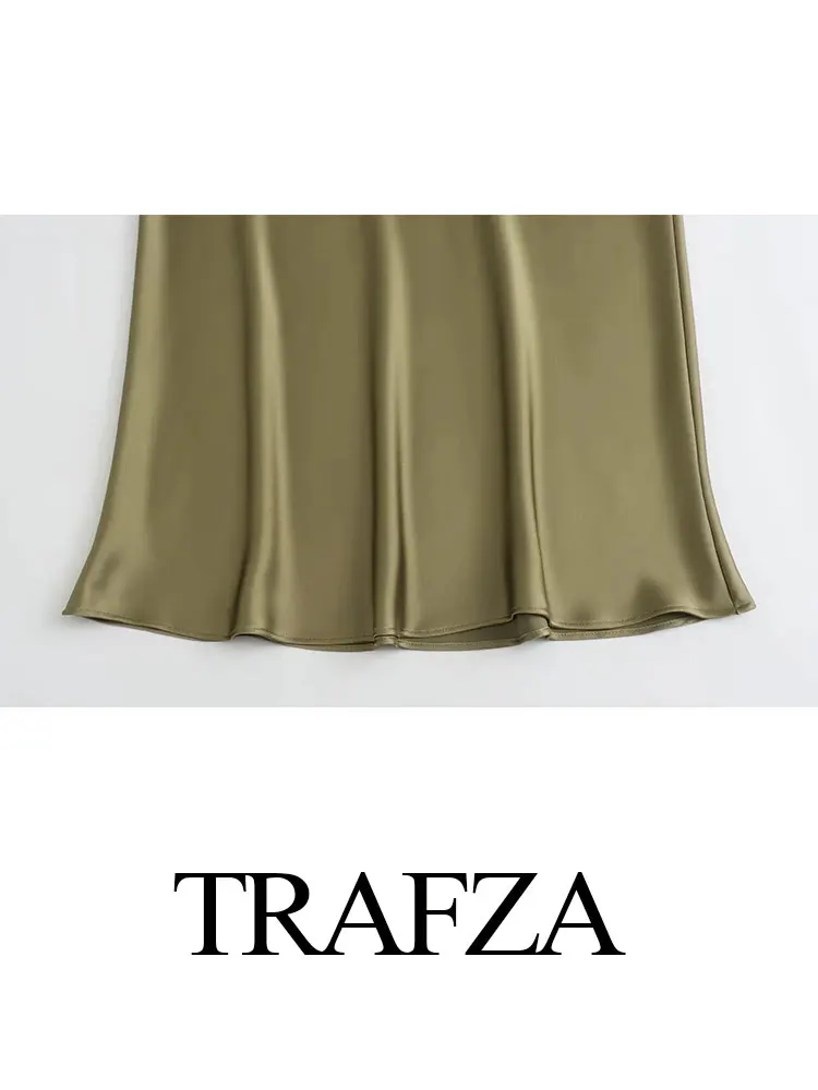 TRAFZA-Jupe Longue Fourreau en Satin pour Femme, Tenue de Plage Courbe Unie, Sirène, Été 2024