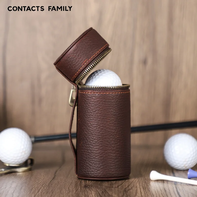 Café Brown Leather Cylindrical Golf Ball Bag Set of 3 Outdoor Portable Waist-Hanging Golf Ball Storage Pouch for Sports And Fitn
