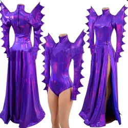 Nightclub Ds Dj Gogo Wear Pole Dance Outfit Drag Queen Costume Sexy Purple Laser Exaggerated Shoulder Bodysuit Dress