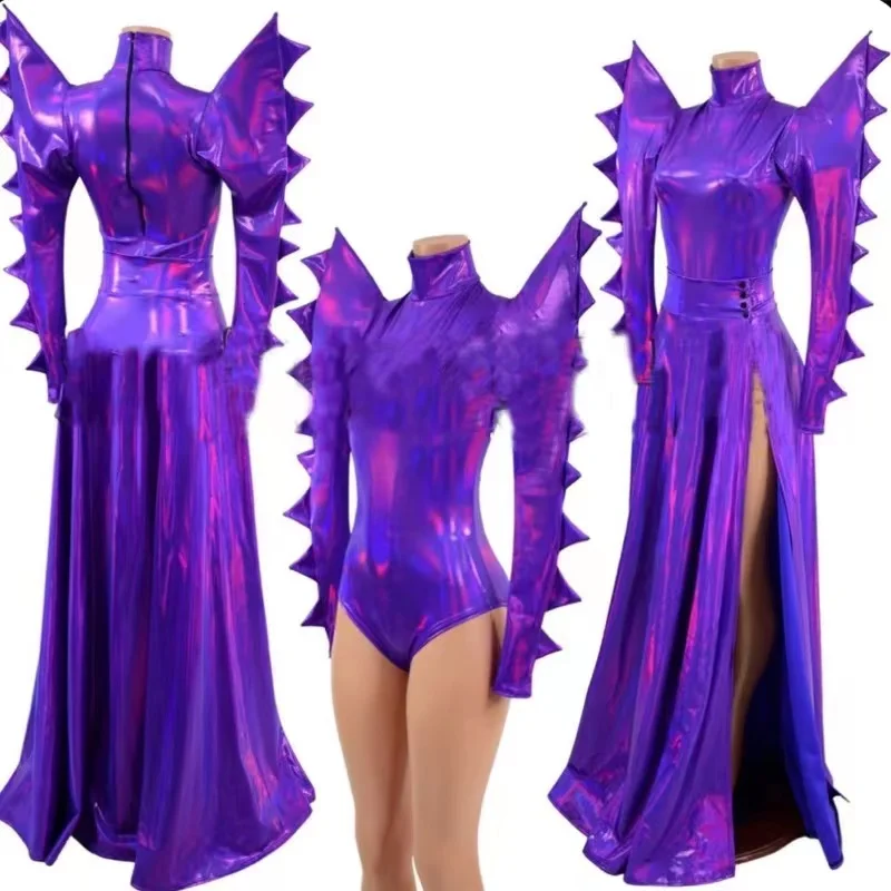 Klub nocny Ds Dj Gogo Wear strój do tańca na rurze kostium Drag Queen seksowny fioletowy laser przesadzone body na ramionach