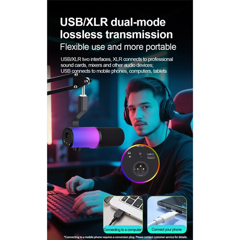 【Горячие товары】Двухрежимный динамический микрофон XLR/USB для прямой трансляции, запись подкастинга, игровые функции наушников RGB