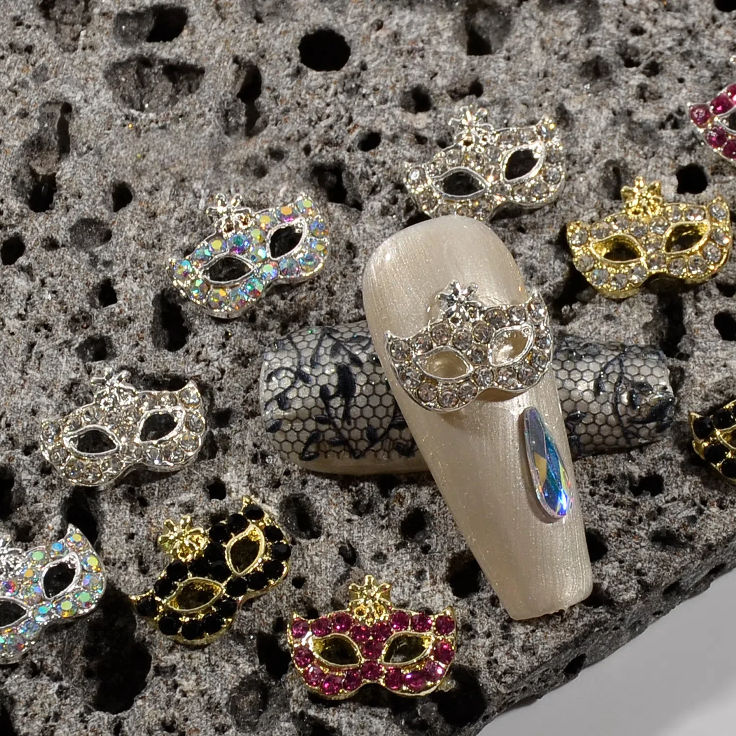 20Pcs New - Style Alloy Rhinestone - Embellished Mask Nail Charms Ins Style Bling Mask & Fox  crown - shaped Nail Accessories